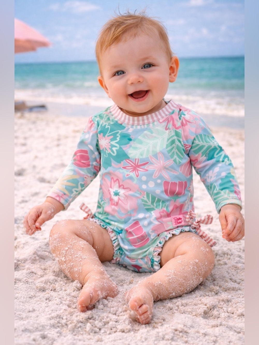 Ruffle Butts Floral Long-Sleeve Swim One-Piece - Pink & Teal